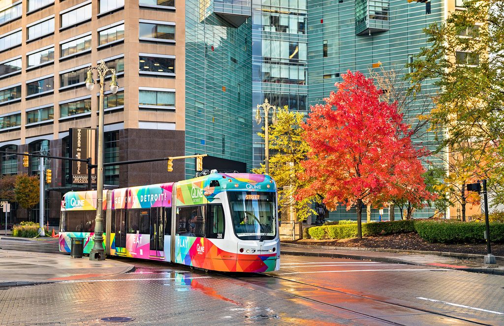 Detroit’s QLINE travels through the city’s downtown district.